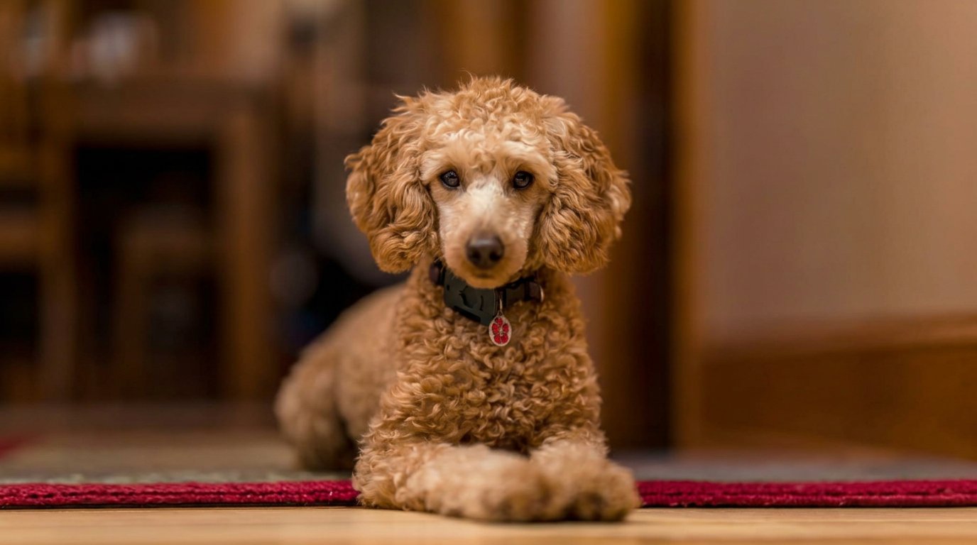 Red Miniature Poodle lying down indoors, full body from head to front paws